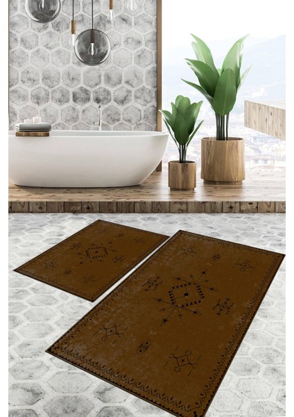 Dijital Baskılı Kaymaz Tabanlı Yıkanabilir 2'li Set Banya Halısı Klozet Takımı Paspas VHKZ-SD-960