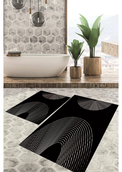Dijital Baskılı Kaymaz Tabanlı Yıkanabilir 2'li Set Banya Halısı Klozet Takımı Paspas VHKZ-SD-906