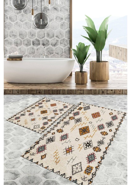 Dijital Baskılı Kaymaz Tabanlı Yıkanabilir 2'li Set Banya Halısı Klozet Takımı Paspas VHKZ-SD-955