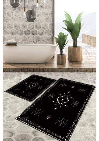 Dijital Baskılı Kaymaz Tabanlı Yıkanabilir 2'li Set Banya Halısı Klozet Takımı Paspas VHKZ-SD-959