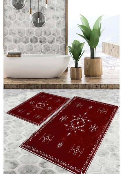 Dijital Baskılı Kaymaz Tabanlı Yıkanabilir 2'li Set Banya Halısı Klozet Takımı Paspas VHKZ-SD-962