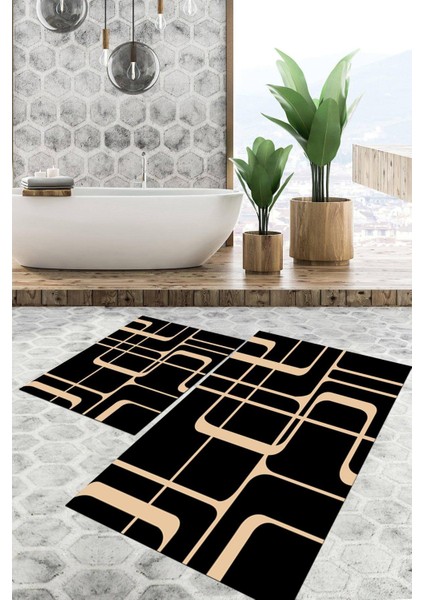 Dijital Baskılı Kaymaz Tabanlı Yıkanabilir 2'li Set Banya Halısı Klozet Takımı Paspas VHKZ-SD-986