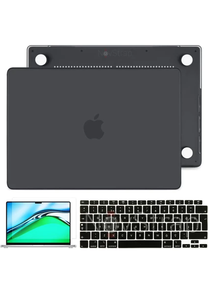 Novstrap Apple MacBook Air 13 Inç 2021 M1 Çip A2337 Uyumlu Mat Kılıf + Siyah Klavye Kılıfı + Film