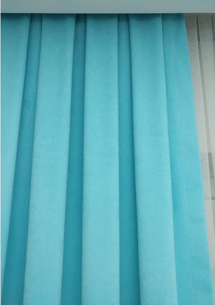 Taç Turkuaz Petek Kadife Dokulu Fon Perde, 1/2 Seyrek Pile, 100 x 240 cm modelleri
