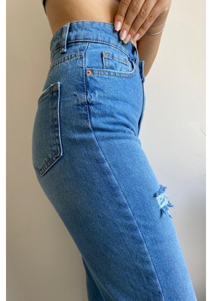 Yüksek Bel Tam Kalıp Mavi Mom Jeans