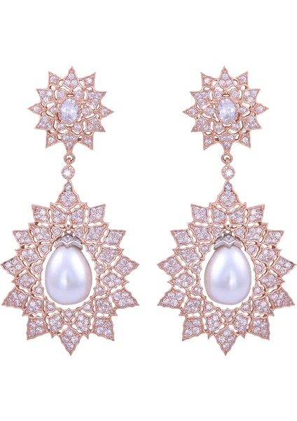 İncili Rose Gold Yıldız Gümüş Küpe