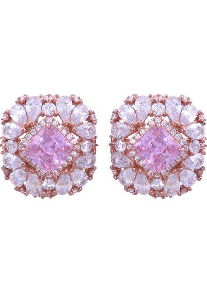 Pembe Taşlı Rose Gold Gümüş Küpe