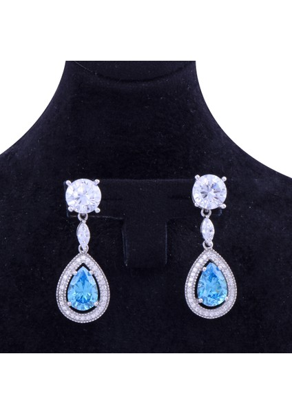 Mavi Taşlı Damla Model Sallantılı Gümüş Küpe