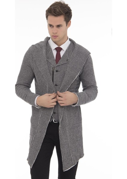 Erkek Uzun Kapüşonlu Salaş Örme Kumaş Hırka Cepli Rahat Model