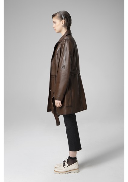 K060 Gerçek Deri Kadın Trençkot