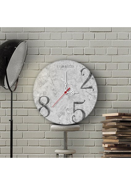 Kişiye Özel Mermer Tasarımlı Ahşap Duvar Saati (30 Cm.)
