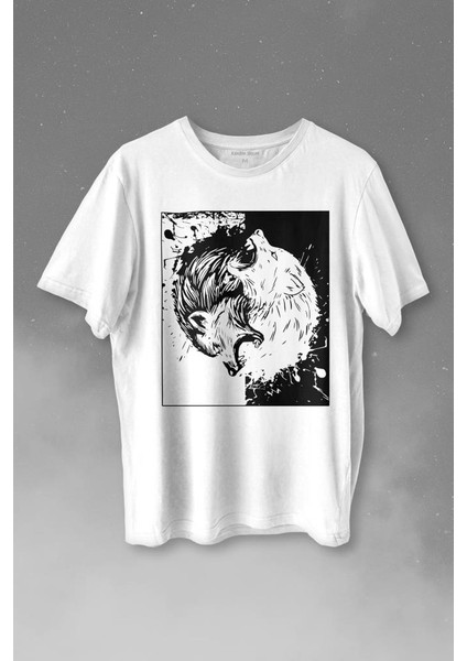 Siyah Beyaz Ying Yang Iyilik Kötülük Asil Kurt Bozkurt Baskılı Tişört Unisex T-Shirt