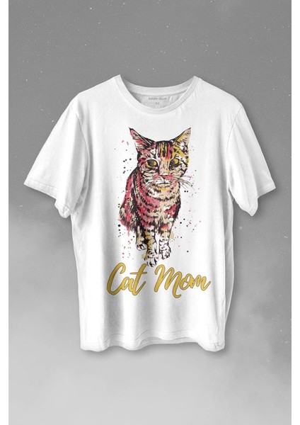 Cat Mom Kedi Mother Annesi Sevimli Masum Rengarenk Kedi Çizim Silüeti Baskılı Tişört Unisex T-Shirt