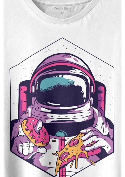 Uzayda Yemek Donut Pizza Yiyen Astronot Cosmos Baskılı Tişört Unisex T-Shirt