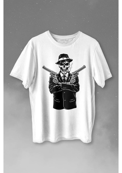 Skeleton Gangster Revolvers Suit Tabanca Baskılı Tişört Unisex T-Shirt
