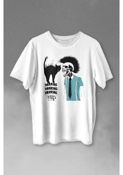 Mohikan Iskelet Adam Kara Kedi Nostalji Telefon Zili Baskılı Tişört Unisex T-Shirt