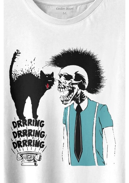 Mohikan Iskelet Adam Kara Kedi Nostalji Telefon Zili Baskılı Tişört Unisex T-Shirt