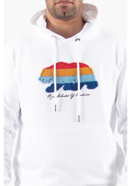 Süzene Nakış Ayı Baskılı Kapüşonlu Beyaz Sweatshirt Polarlı