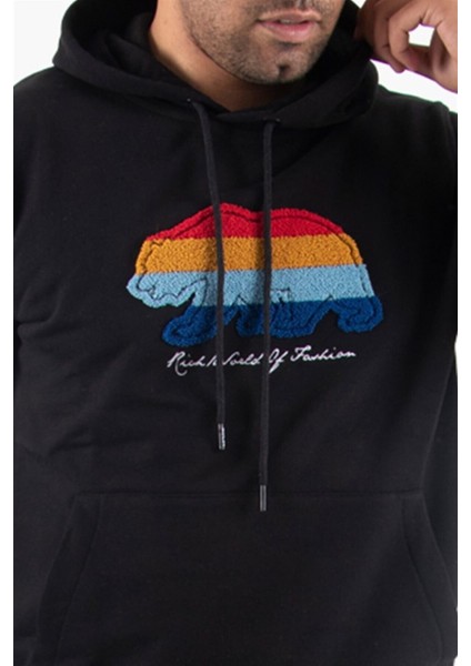 Süzene Nakış Ayı Baskılı Kapüşonlu Lacivert Sweatshirt Polarlı