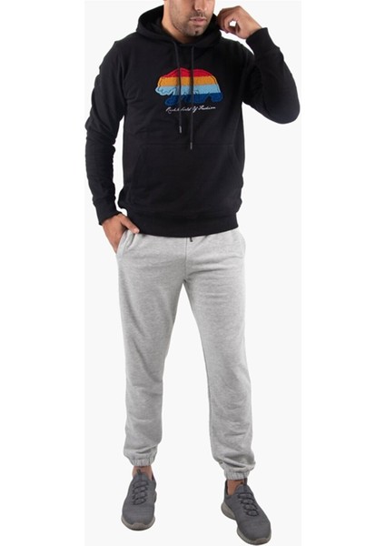 Süzene Nakış Ayı Baskılı Kapüşonlu Lacivert Sweatshirt Polarlı
