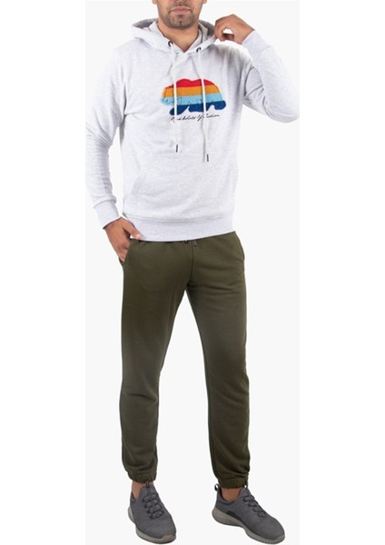 Süzene Nakış Ayı Baskılı Kapüşonlu Gri Sweatshirt Polarlı