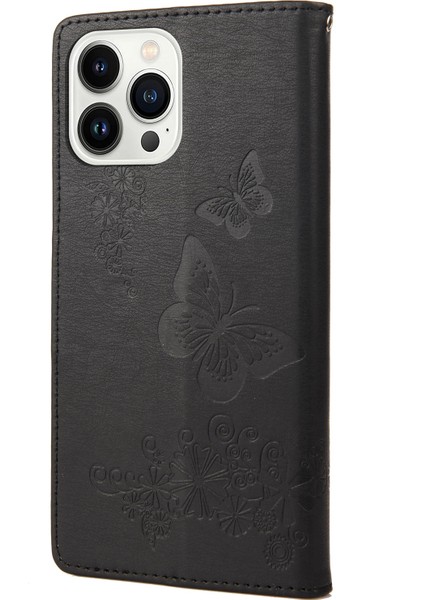 Kelebek Kabartmalı Yatay Flip Deri Telefon Kasası iPhone 14 Pro Max (Siyah) (Yurt Dışından)