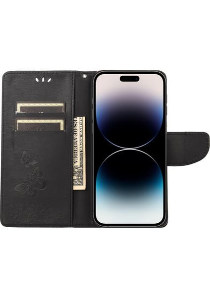 Kelebek Kabartmalı Yatay Flip Deri Telefon Kasası iPhone 14 Pro Max (Siyah) (Yurt Dışından)