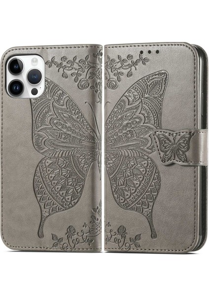 Iphone 14 Pro Max (Gray) Için Kelebek Kabartma Deri Kılıf (Yurt Dışından)
