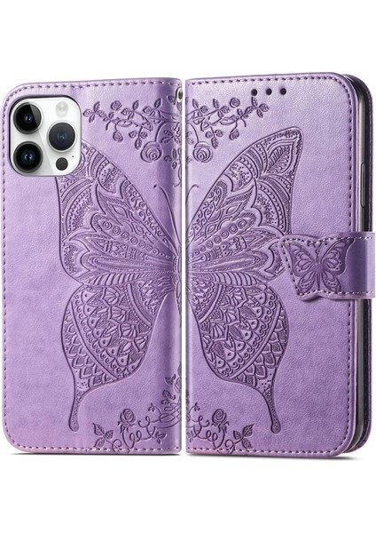 Iphone 14 Pro Max (Light Mor) Için Deri Çantası Kelebek Kabartma Deri Çantası (Yurt Dışından)