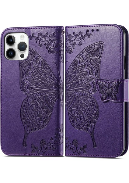Iphone 14 Pro Max (Dark Purple) Için Kelebek Kabartma Deri Kılıfı (Yurt Dışından)