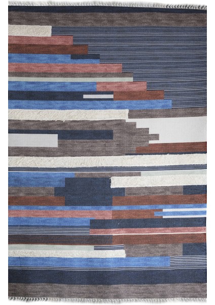 Rustik 4008 Lacivert Gri Çok Renkli Geometrik Desenli Kilim