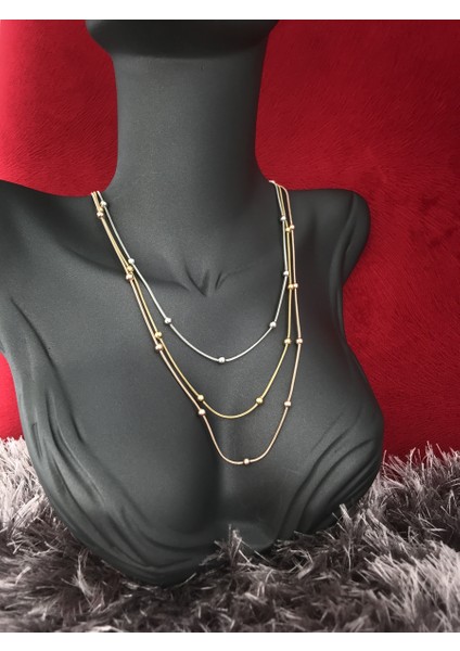 Rose-Silver-Gold Üç Renkli Üç Sıralı Minik Toplu Çelik Kolye