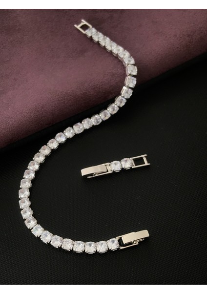 Su Yolu Zirkon Taşlı Çelik Bileklik Genişlik 3 mm