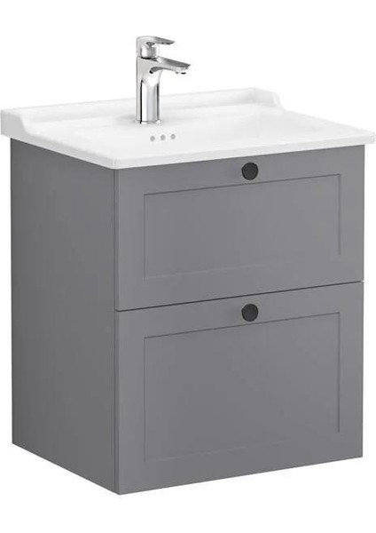 Root Classic 68850 Lavabo Dolabıİki Çekmeceli, 60 cm, Mat Gri, Klasik Lavabolu