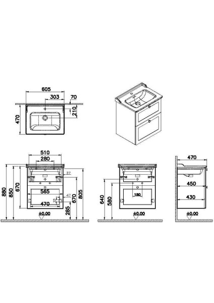 Root Classic 68850 Lavabo Dolabıİki Çekmeceli, 60 cm, Mat Gri, Klasik Lavabolu