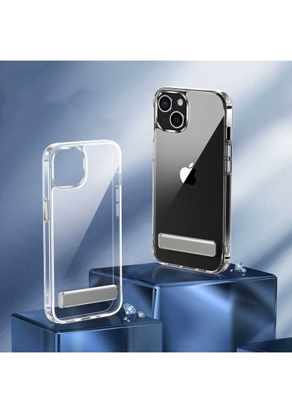 Apple iPhone 14 Plus Kılıf Lüx Silikon L Standlı Şeffaf