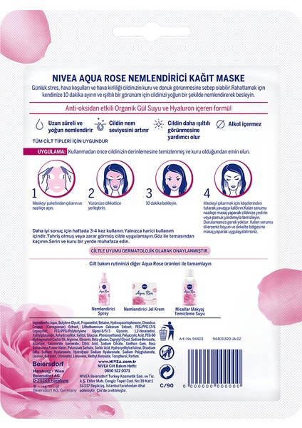 NIVEA Aqua Rose Hyaluron ve Organik Gül Suyu İçeren Nemlendirici Yüz Kağıt Maskesi 1 adet; Tüm Cilt Tipleri için; Yoğun Nemlendirme; Işıltılı Cilt