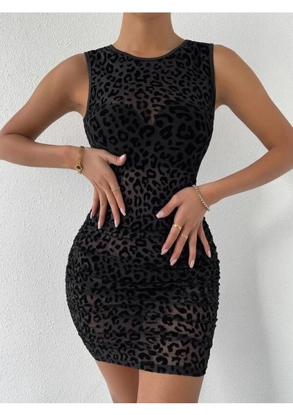 Siyah Tül Üzeri Flog Baskılı Leopar Desen Elbise