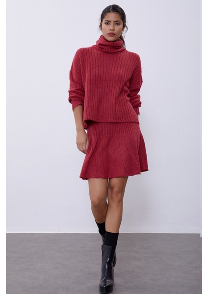 Bordo Fitilli Etek Kazak Triko Takım SWTK4264-65BO