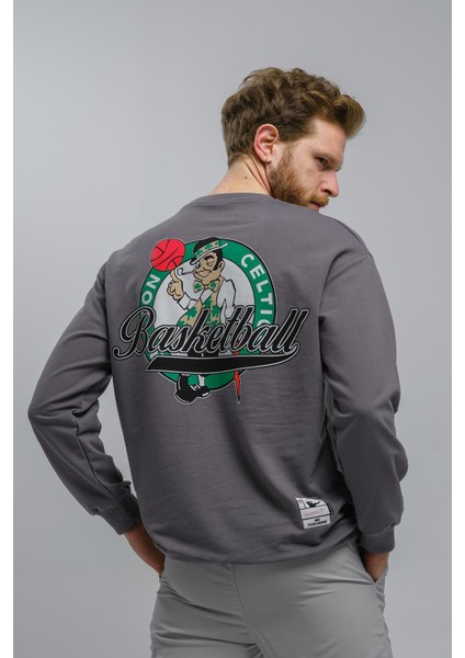 Celtics Önü ve Arkası Baskılı Düşük Omuz Bisiklet Yaka Sweatshirt