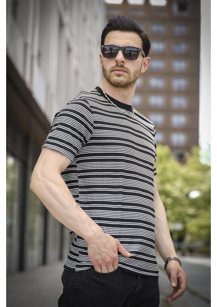Jacky Çizgili Örme Yaka Likralı Erkek Tshirt