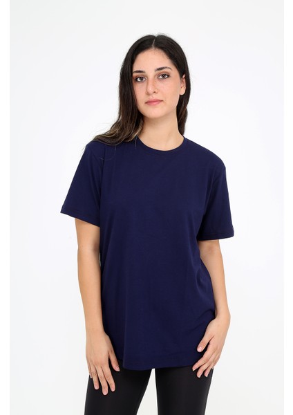 Oversize (bol ve geniş kesim) Lacivert T-Shirt. Bisiklet Yaka, Basic, Salaş Model