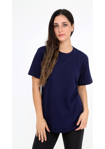 Oversize (bol ve geniş kesim) Lacivert T-Shirt. Bisiklet Yaka, Basic, Salaş Model