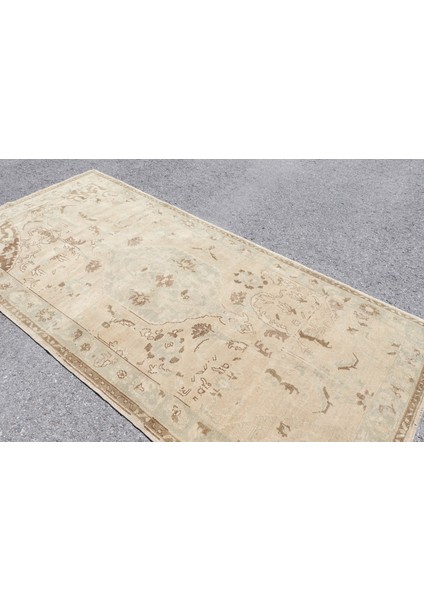 Eskitme Halı, Türk Halısı, Halı, 133 x 277 cm Bej Halı, Organik Büyük Halı, Dekoratif Yer Halı, 3314