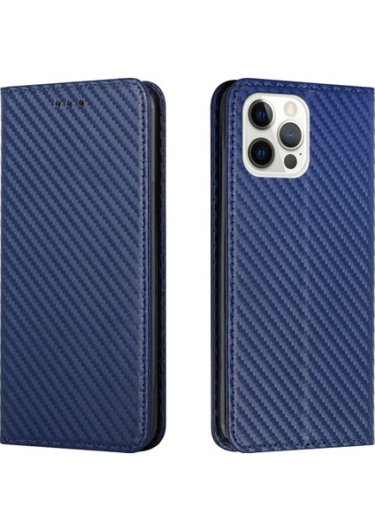 IPhone 14 Pro Max (Mavi) Için Karbon Fiber Doku Manyetik Flip Deri Telefon Kılıfı(Yurt Dışından)