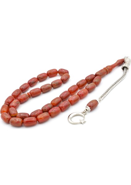 Kamçılı Kapsül Kesim Hareli Kırmızı Sıkma Kehribar Tesbih 070