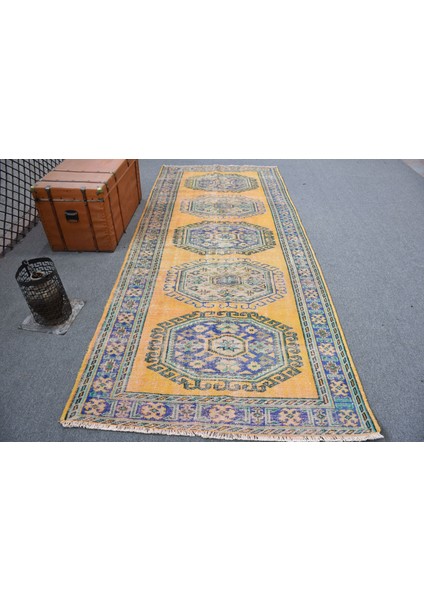 Eskitme Halı, Türk Halısı, Halı, 136 x 334 cm Sarı Halı, Ofice Yer Halı, Bahçe Yer Halı, 11398