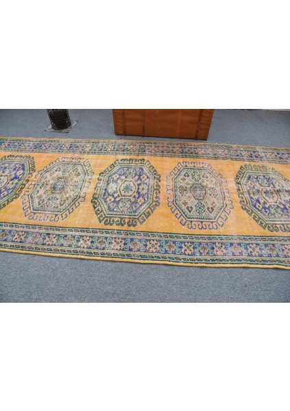 Eskitme Halı, Türk Halısı, Halı, 136 x 334 cm Sarı Halı, Ofice Yer Halı, Bahçe Yer Halı, 11398