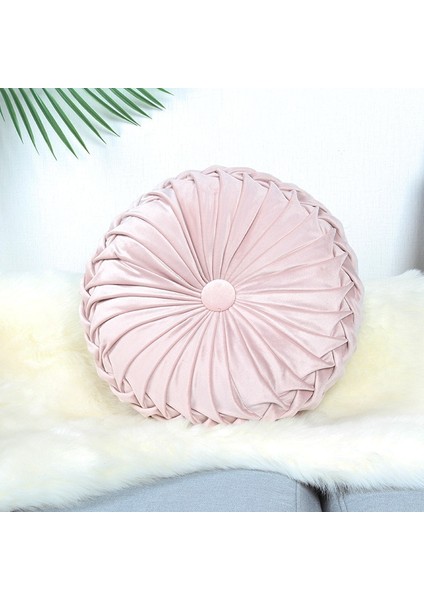 Kadife Pileli Yuvarlak Yer Minderi - Pembe (Yurt Dışından)