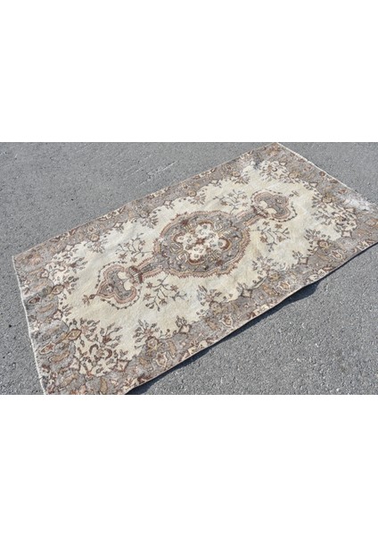 Eskitme Halı, Türk Halısı, Halı, 113 x 205 cm Bej Halı, Yün Banyo Halı, Anadolusı Banyo Halı, 6155